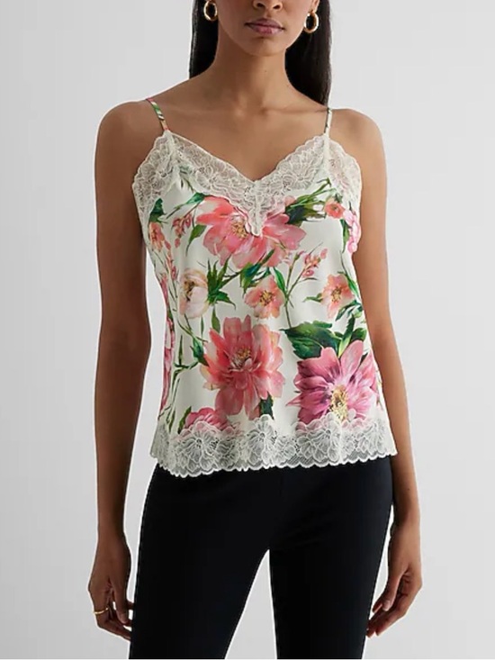 Express Tops - Express White Floral Lace-Trim “Downtown Cami”  with Pink Flowers